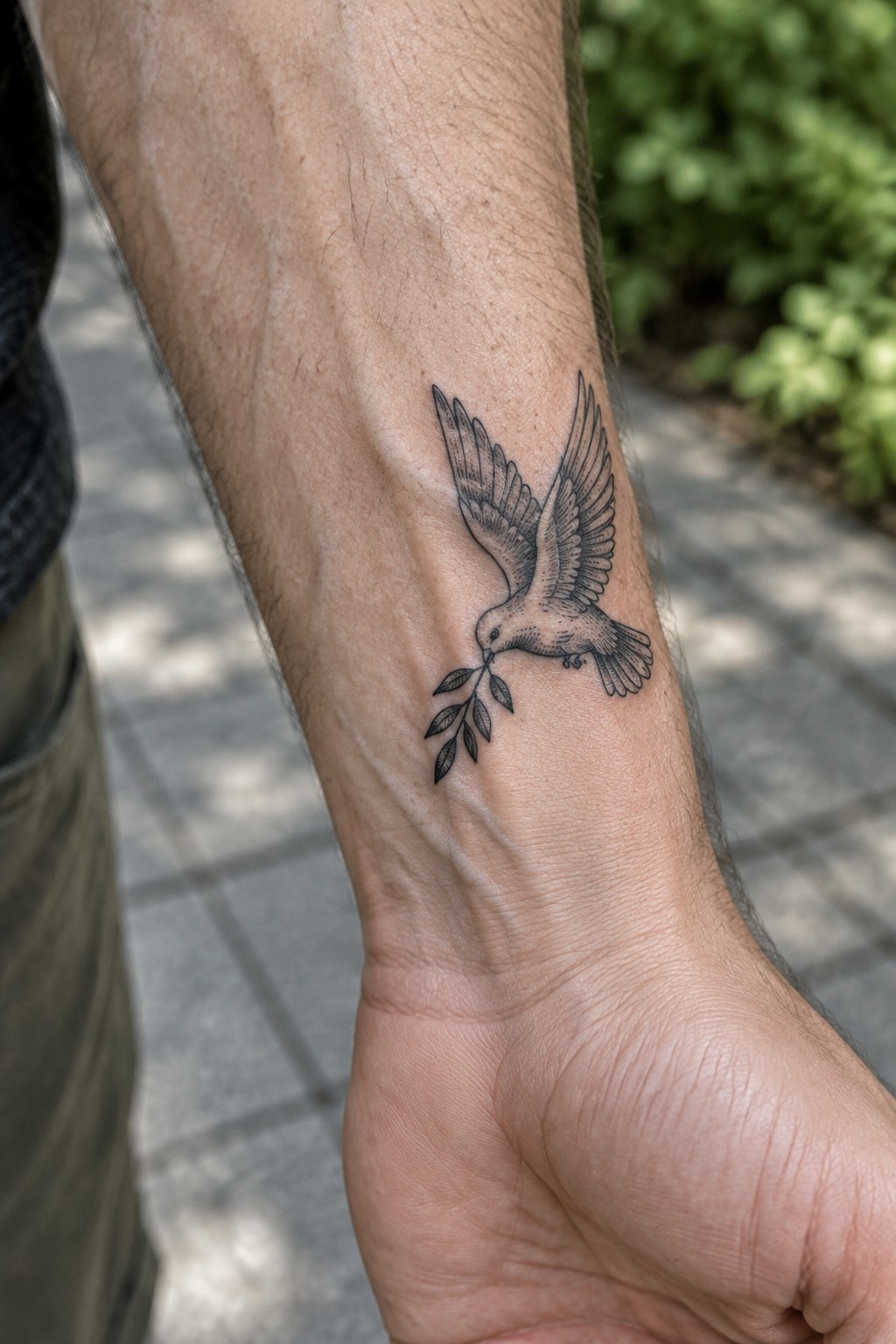 Dove with olive branch tattoo on hairy inner wrist and forearm.