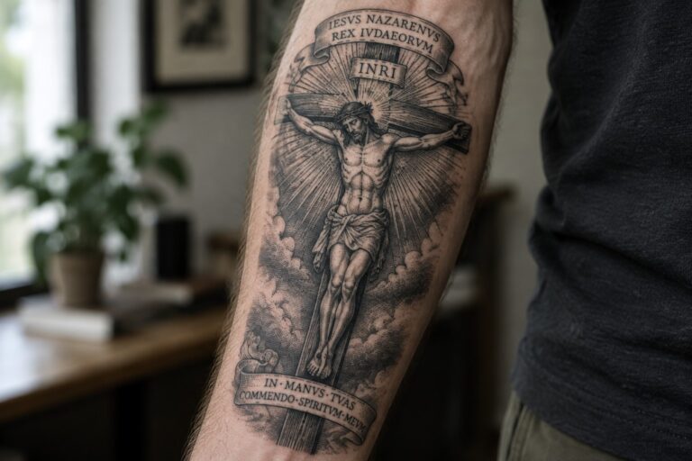 20 Detailed Engraving-Style Christian Tattoos for Men Inspired by Biblical Woodcuts Realistic black-and-gray tattoo of Jesus crucified with INRI and Latin banners on forearm