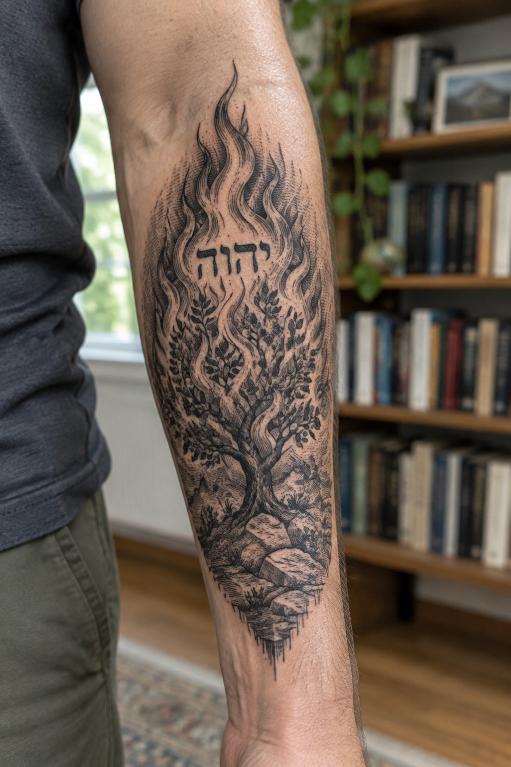 Detailed black tattoo on arm shows flames, Hebrew text, tree, and rocks.