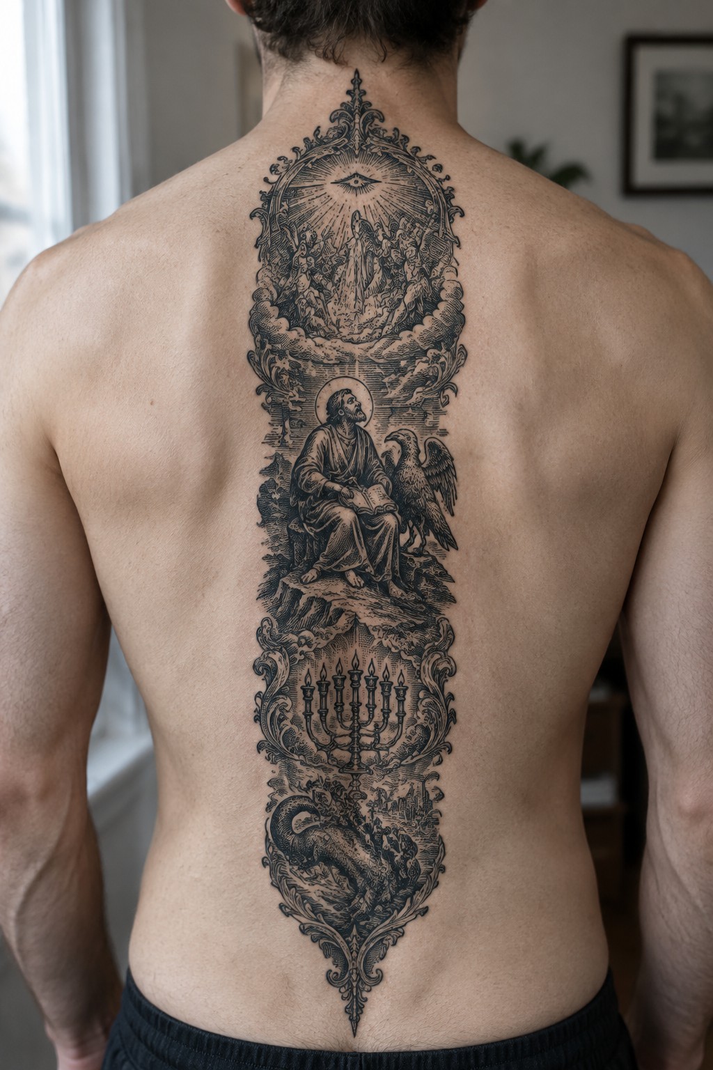 Large vertical engraving style tattoo covering a man's full back with stacked biblical scenes including an all seeing eye at the top, Christ with an eagle, a menorah, and a dragon at the bottom.