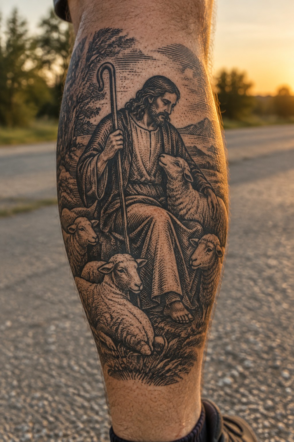 Engraving-style black tattoo on leg showing robed Jesus with sheep and staff at sunset.