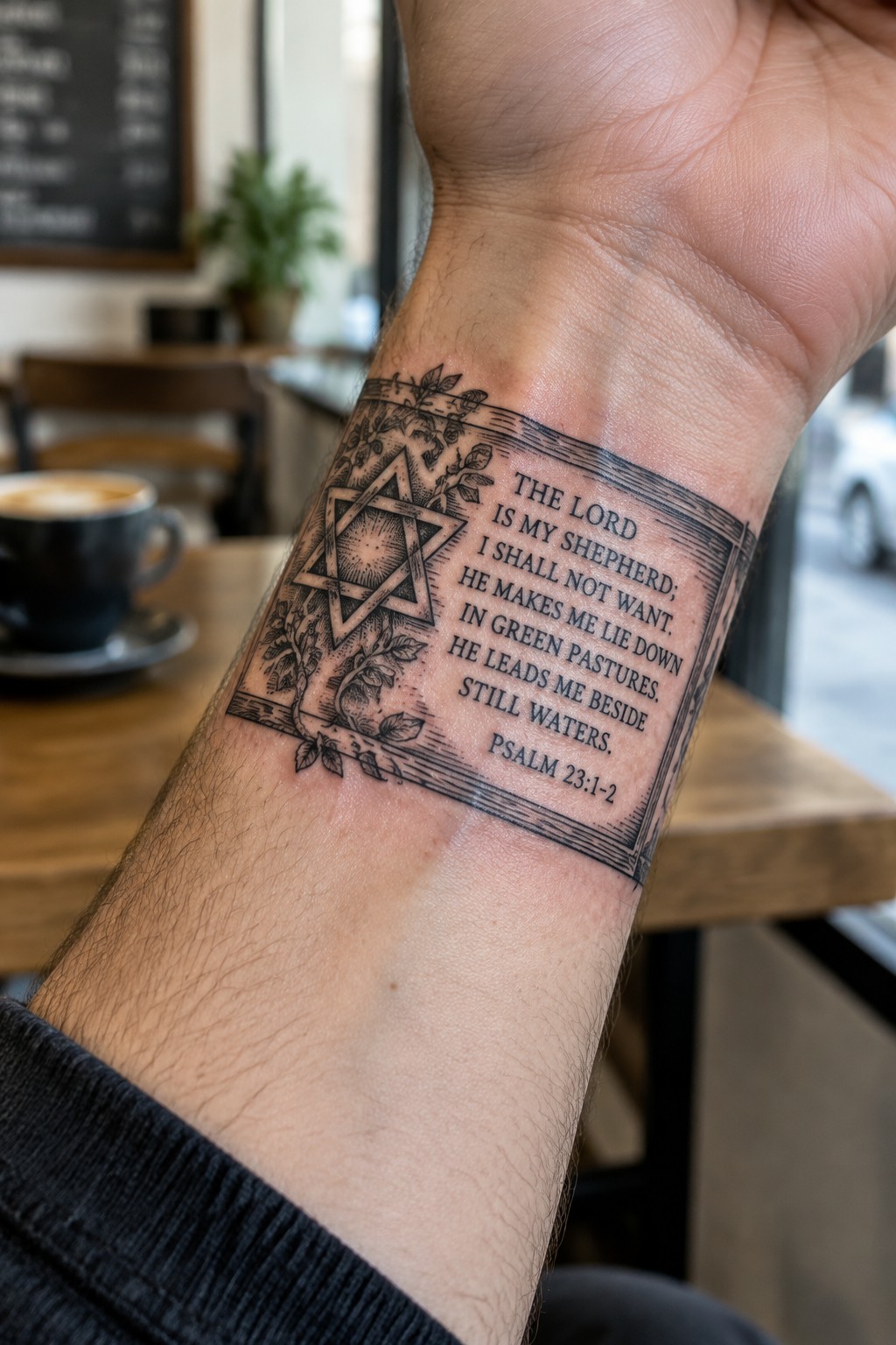Engraving style tattoo on inner forearm with Psalm 23 text framed like a woodcut page and a Star of David on the left side