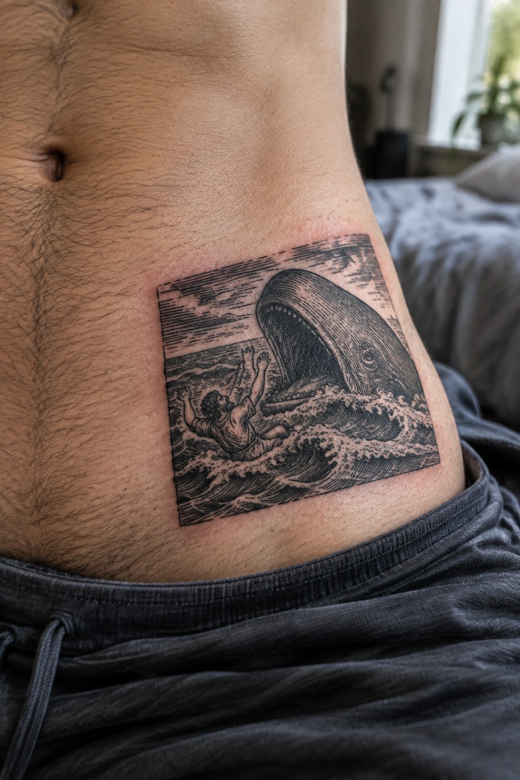 Square black-and-white tattoo on side showing man and whale amid ocean waves