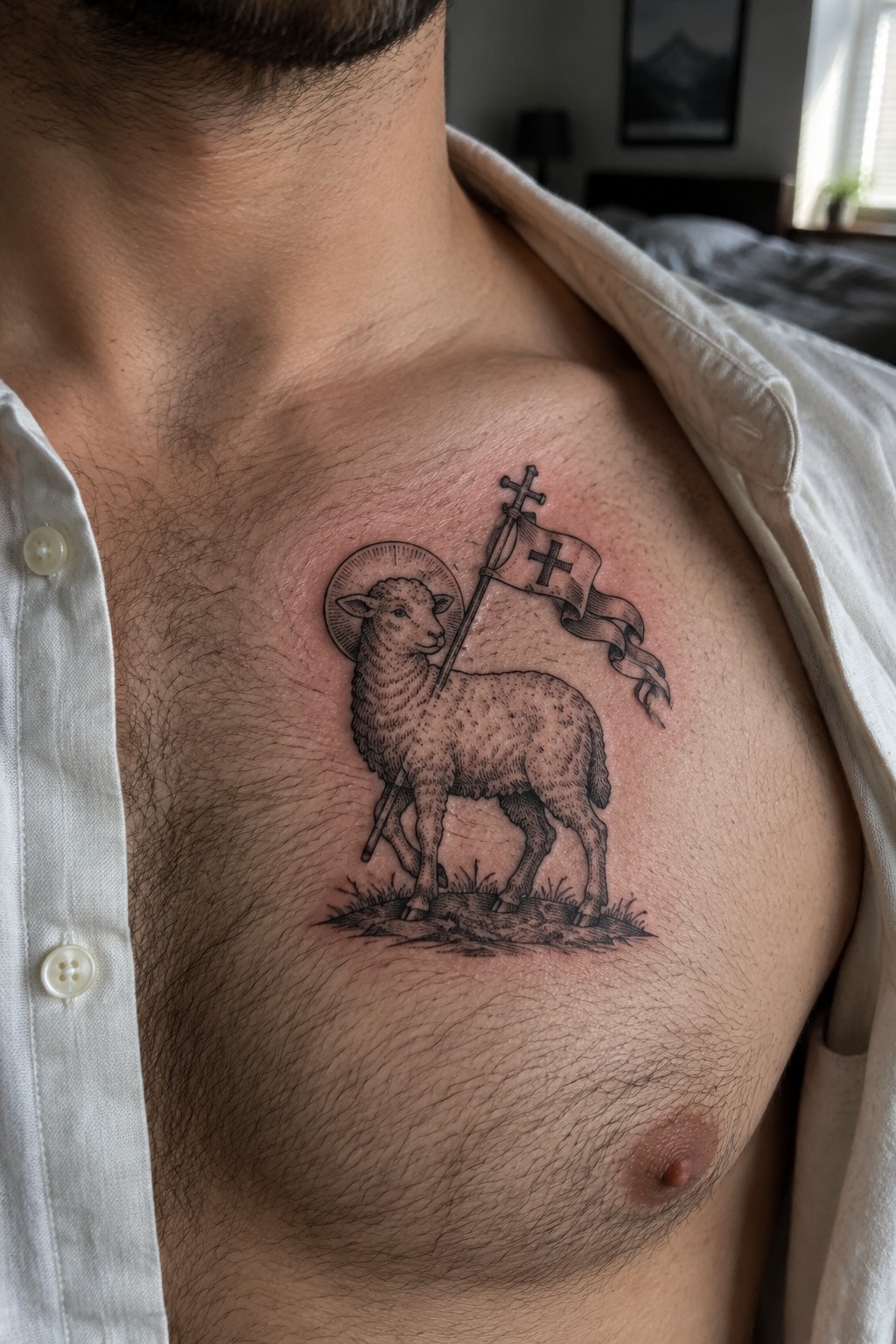 Man's hairy chest with open white shirt and lamb-with-cross tattoo