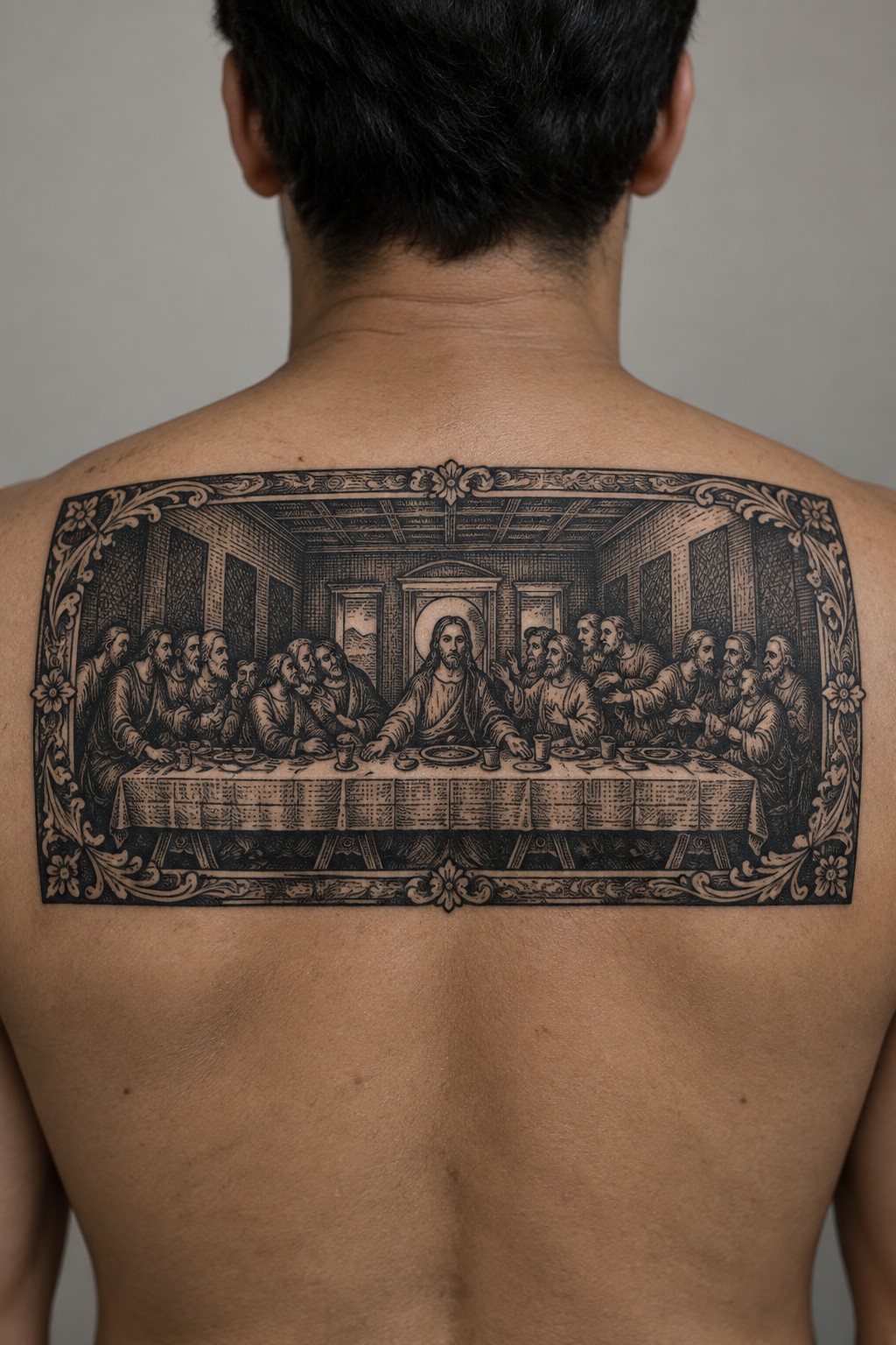 Large black-ink tattoo of The Last Supper with ornate border on man's back.