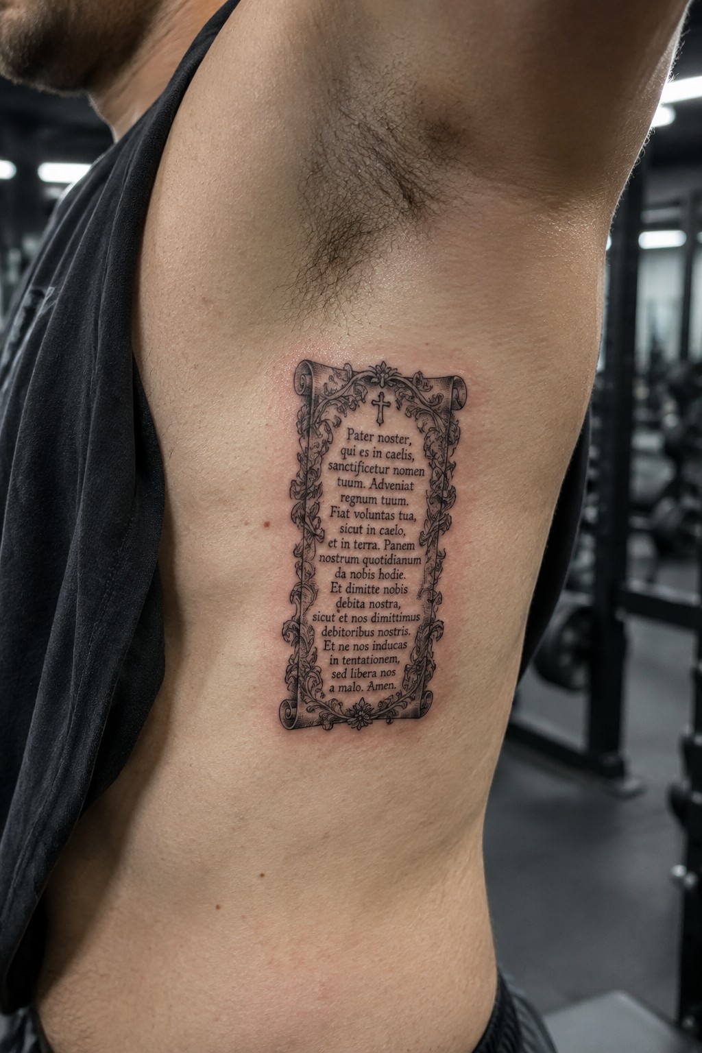 Man in black tank top with ornate scroll tattoo of Latin prayer and cross.