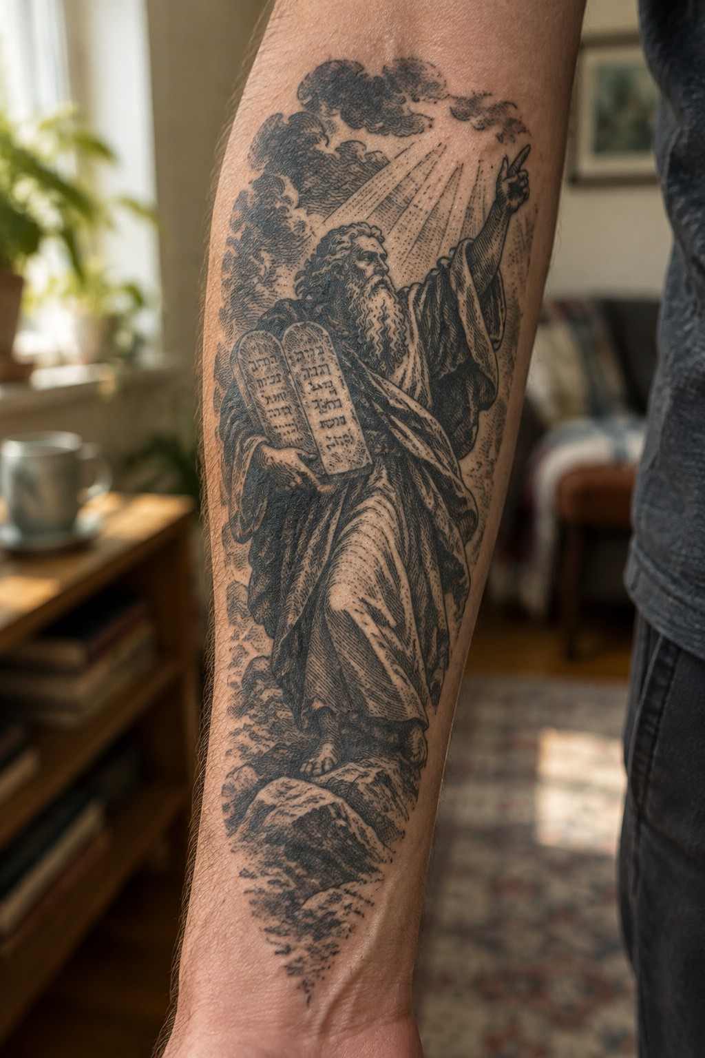 Black and gray tattoo of Moses holding tablets, pointing skyward on arm