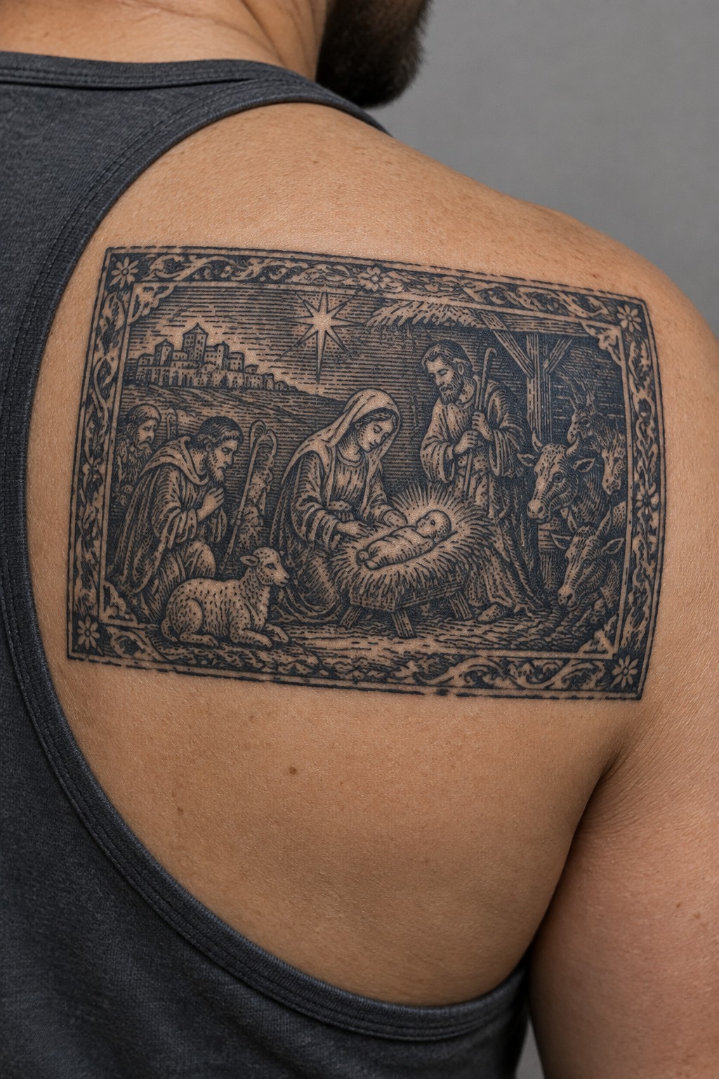 Detailed black ink nativity tattoo on shoulder showing Mary, Joseph, manger, and animals