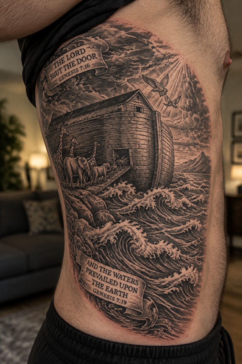 Detailed black-and-gray tattoo of Noah's Ark with animals, waves, and Genesis verses on torso