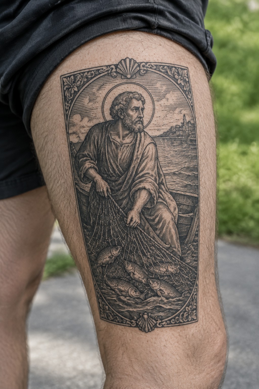 Intricate black-and-grey thigh tattoo of haloed fisherman pulling net of fish from boat.