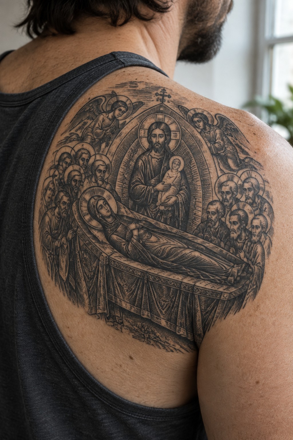 Man's upper back tattoo of Jesus, angels, and apostles around reclining woman in gray tank top.