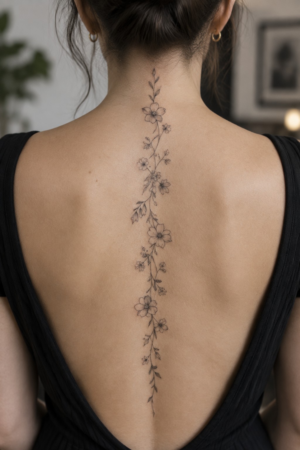 Woman's back with delicate floral vine tattoo along spine in black low-back top