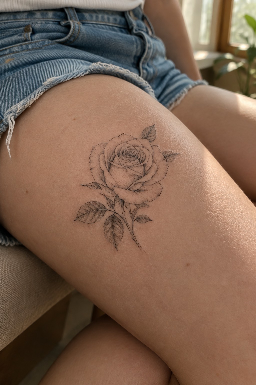 Black and white rose tattoo on thigh above frayed denim shorts in sunlight