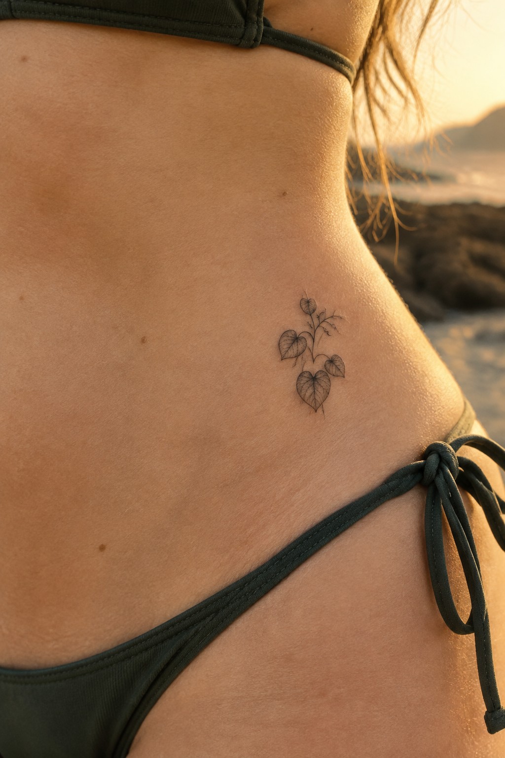 Woman's torso with leafy plant tattoo in dark green bikini at beach sunset