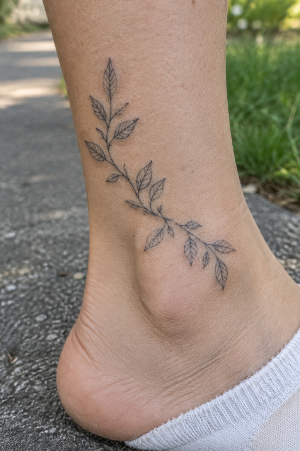 Black leafy vine tattoo on ankle above white sock on paved ground