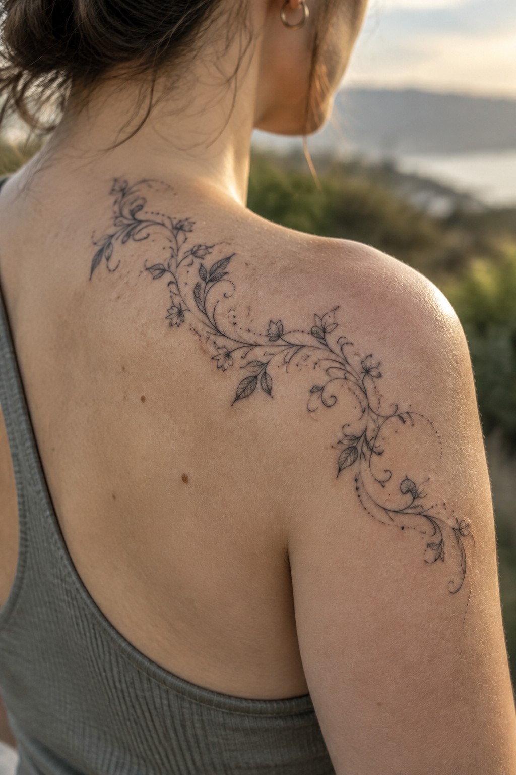 Fine line floral vine tattoo with leaves and flowers curving from the upper back across the shoulder.