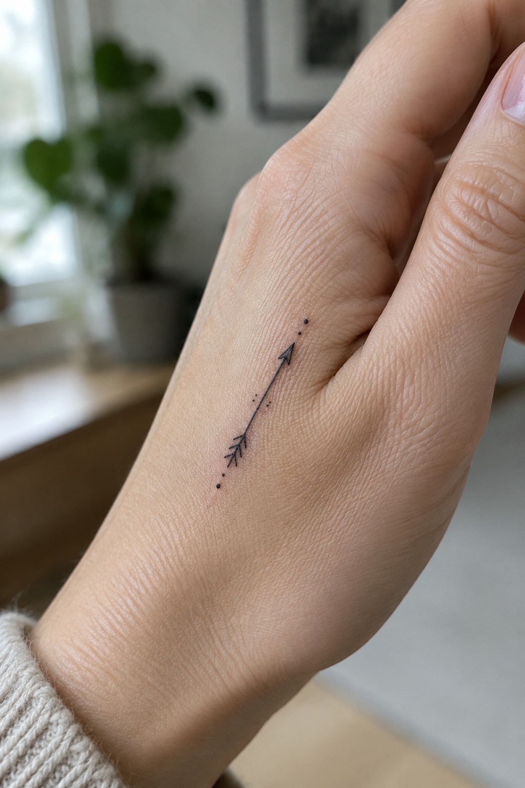 Close-up of hand with minimalist black arrow tattoo and beige knit cuff