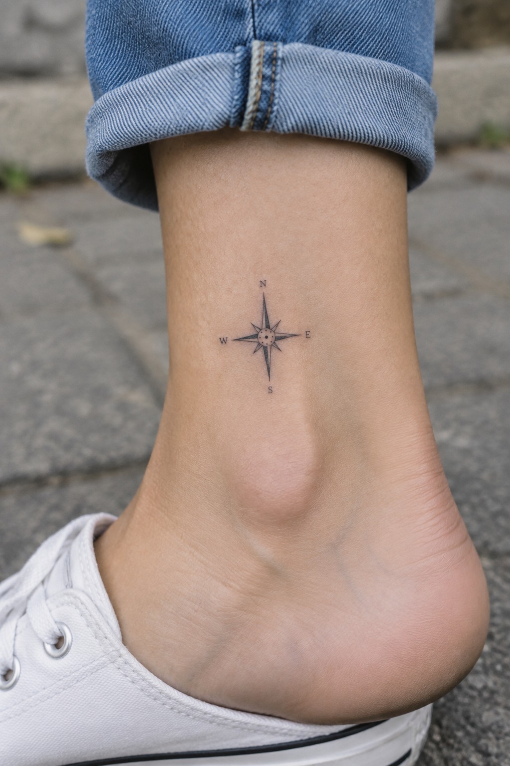 Compass rose tattoo on ankle with rolled blue jeans and white sneaker on pavement.