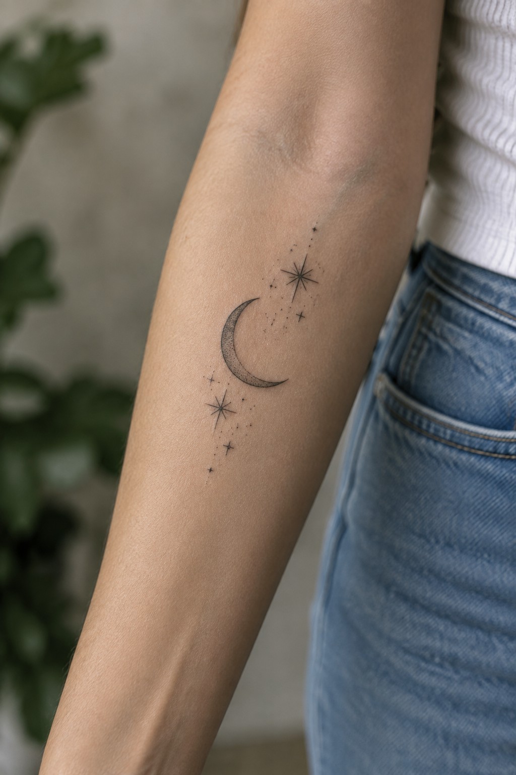 Fine line crescent moon and stars tattoo on the inner forearm with delicate dotwork details.
