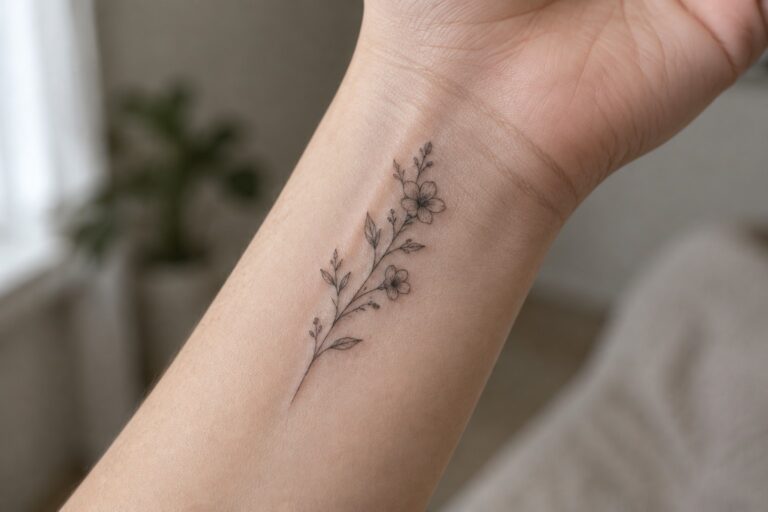 Fine-line floral tattoo on wrist above white ribbed sweater cuff.