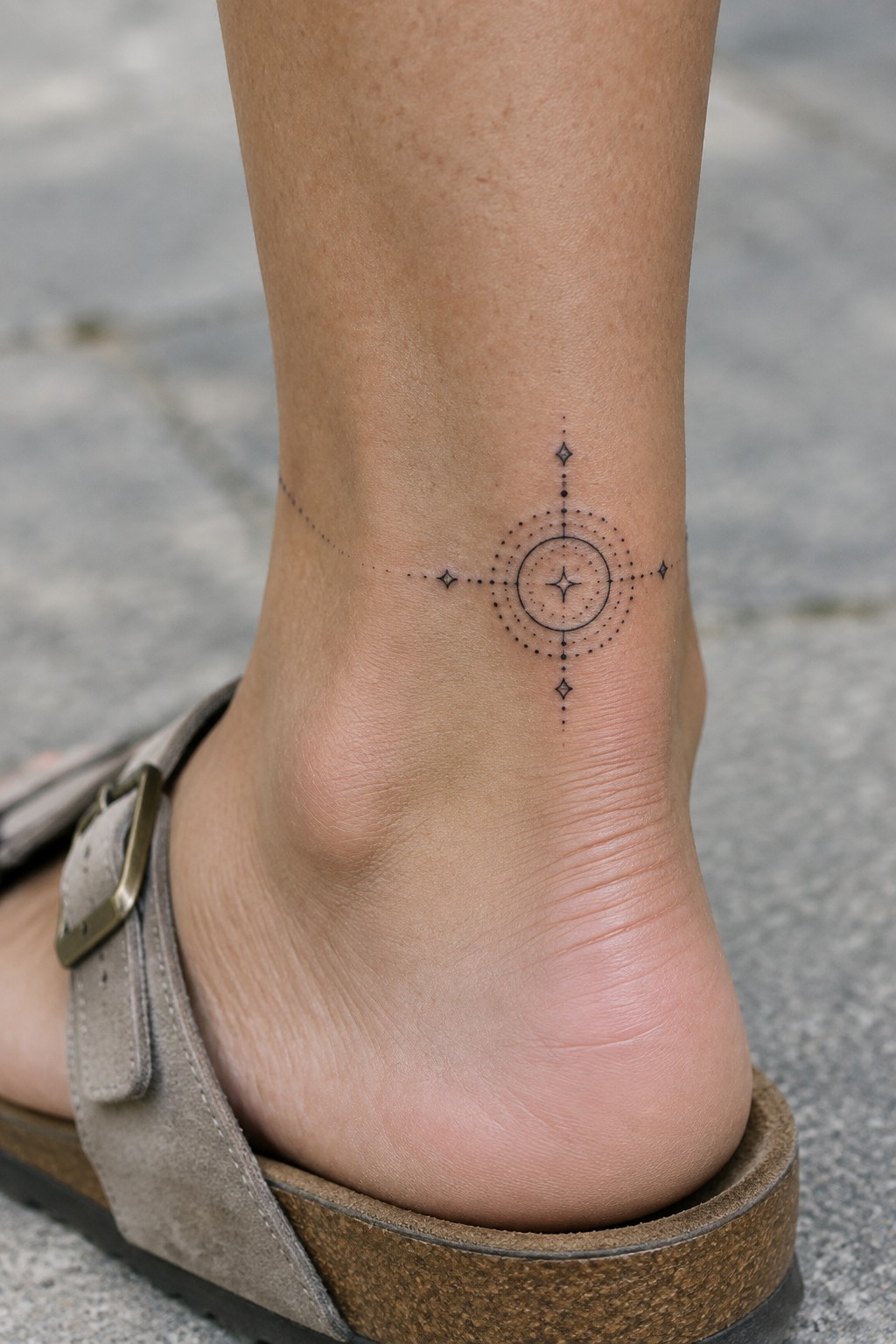 Ankle with dotted compass tattoo above gray buckled sandal on pavement
