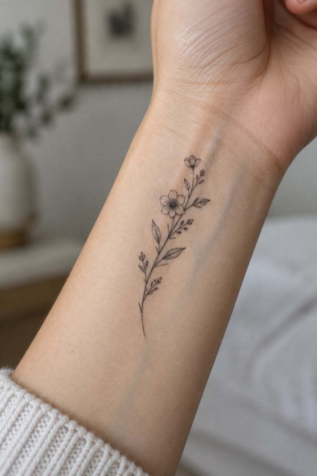 Fine-line floral tattoo on wrist above white ribbed sweater cuff.