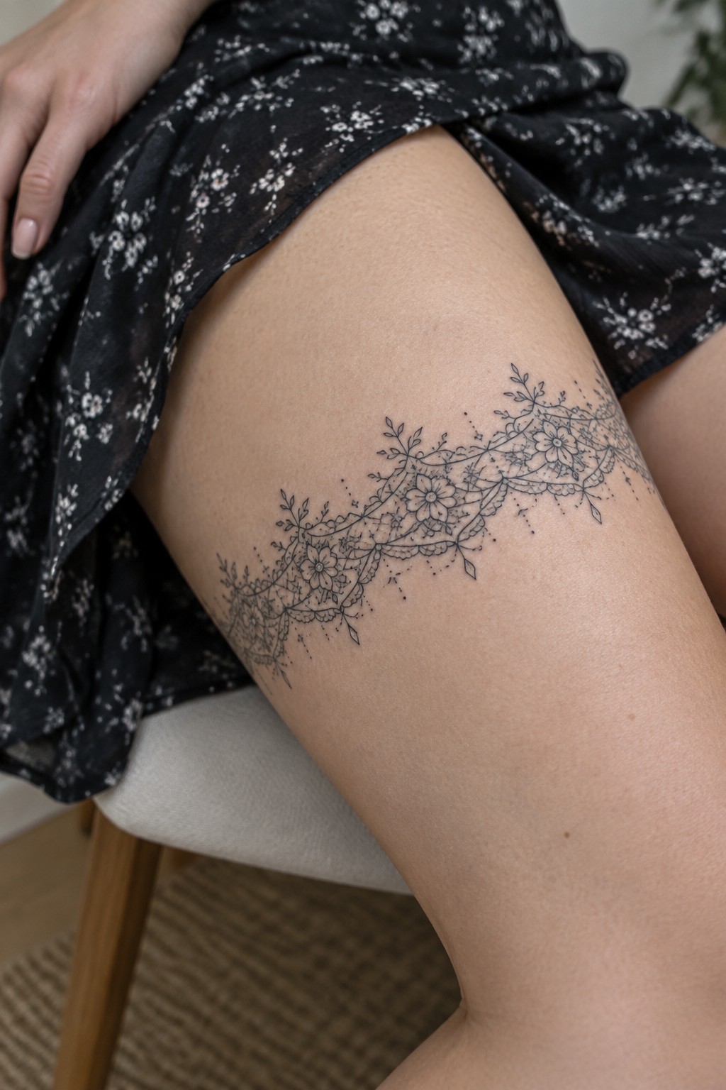 Intricate floral lace tattoo on thigh beneath black floral patterned skirt