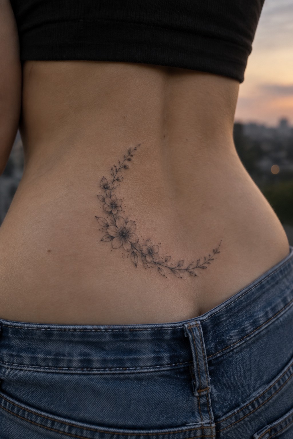 Curved floral tattoo on lower back above blue jeans and black crop top
