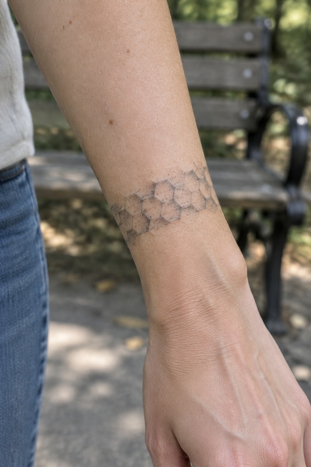 Wrist with black dotted hexagon tattoo, arm in white shirt and blue jeans by bench