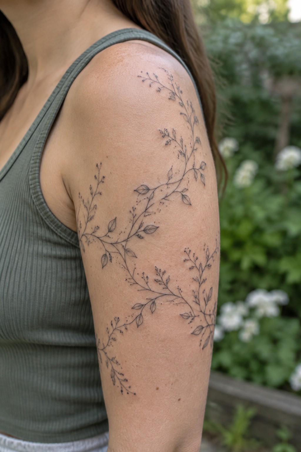 Woman's shoulder with delicate leafy vine tattoo on green tank top