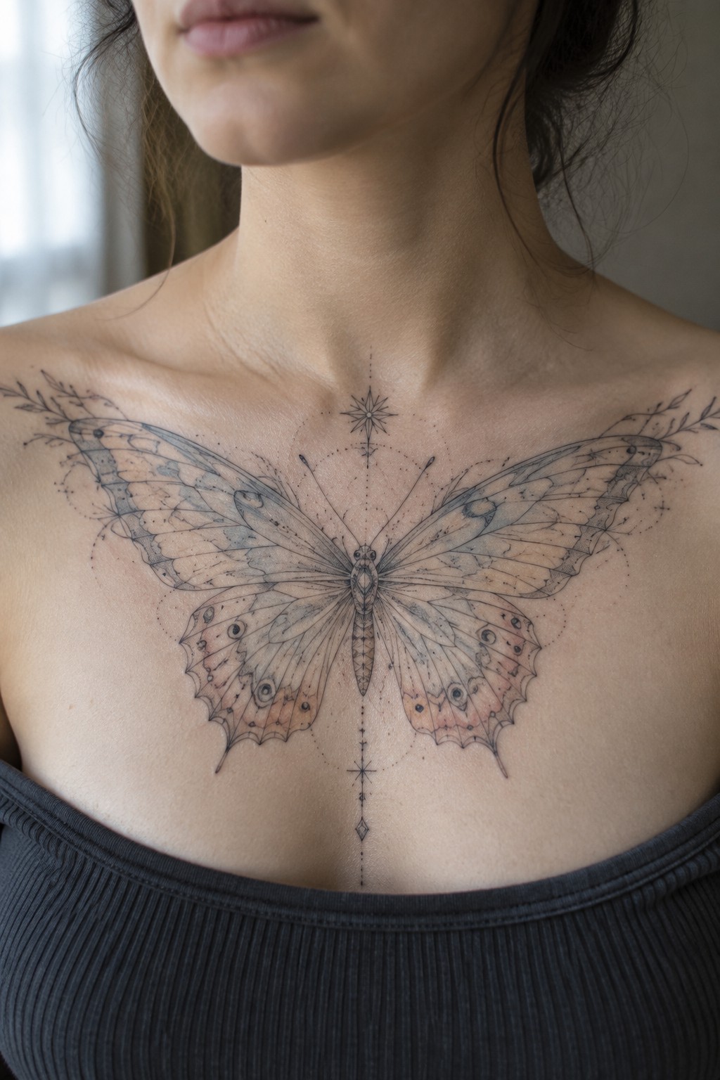 Fine line butterfly tattoo centered on a woman's upper chest with wings extended and light color accents on the lower wings.