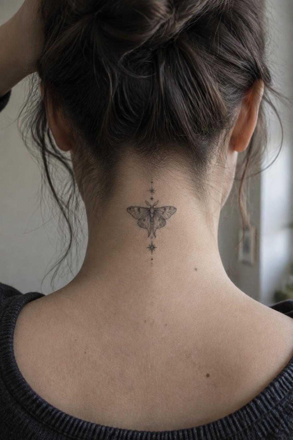 Dark bun revealing moth tattoo with stars on woman's neck