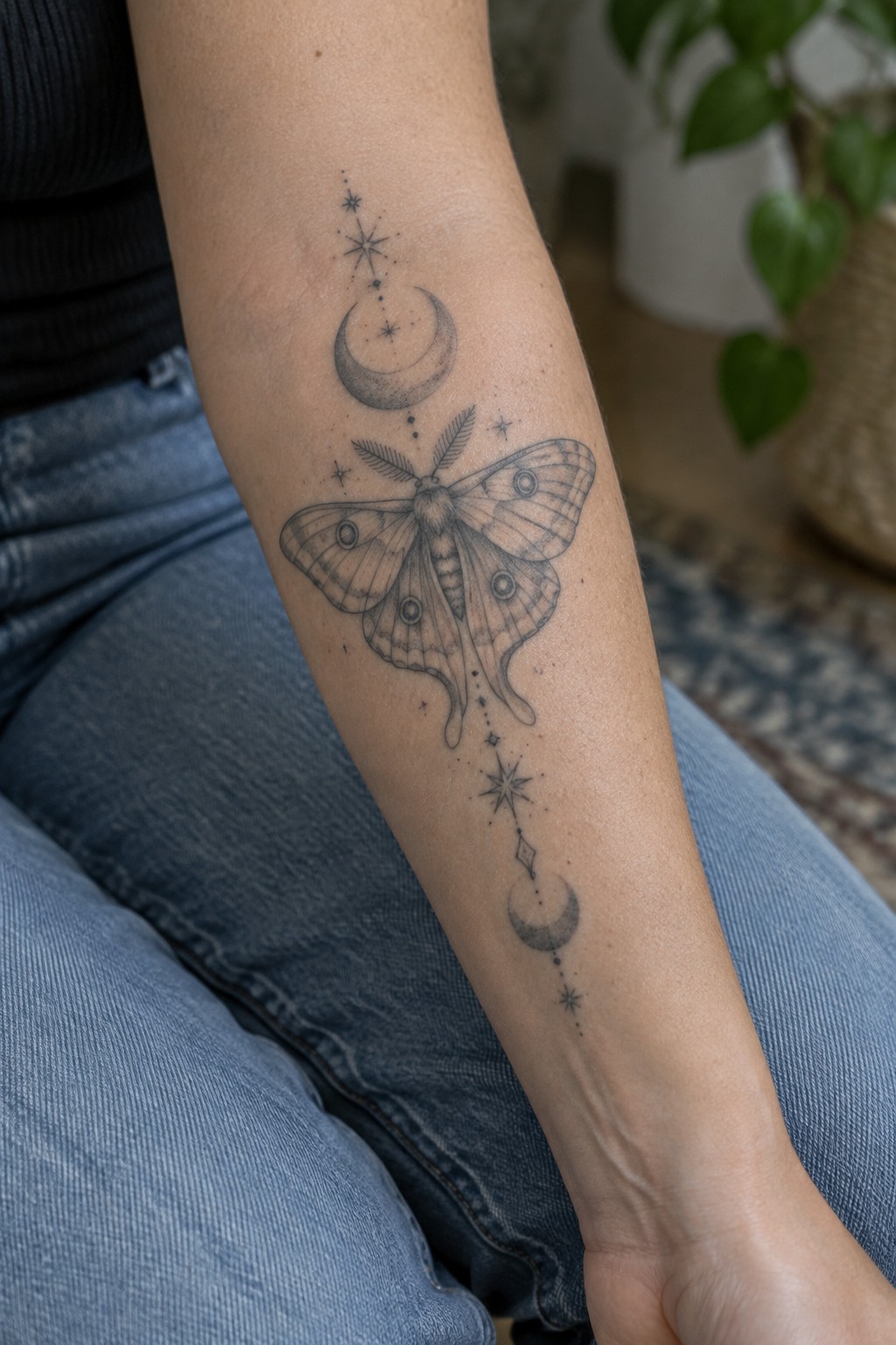 Black ink moth tattoo with moons and stars on forearm in jeans