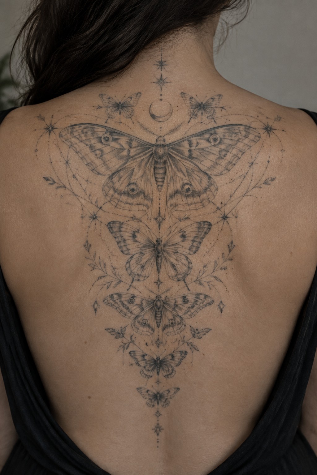 Fine line black tattoo of multiple moths and butterflies arranged vertically along a woman's back with stars and a crescent moon above.