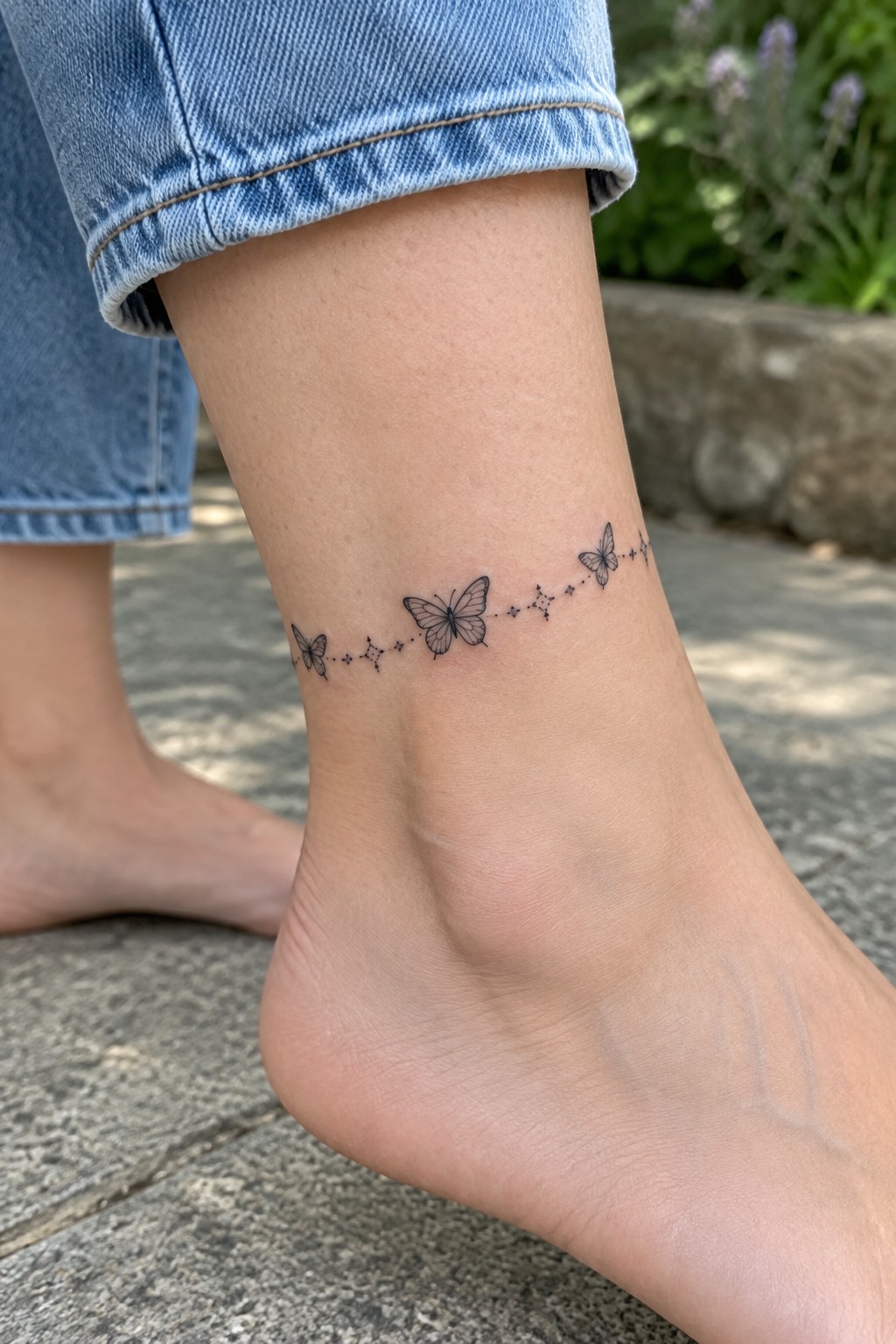 Butterfly and star tattoo wrapping around ankle above bare foot in blue jeans.