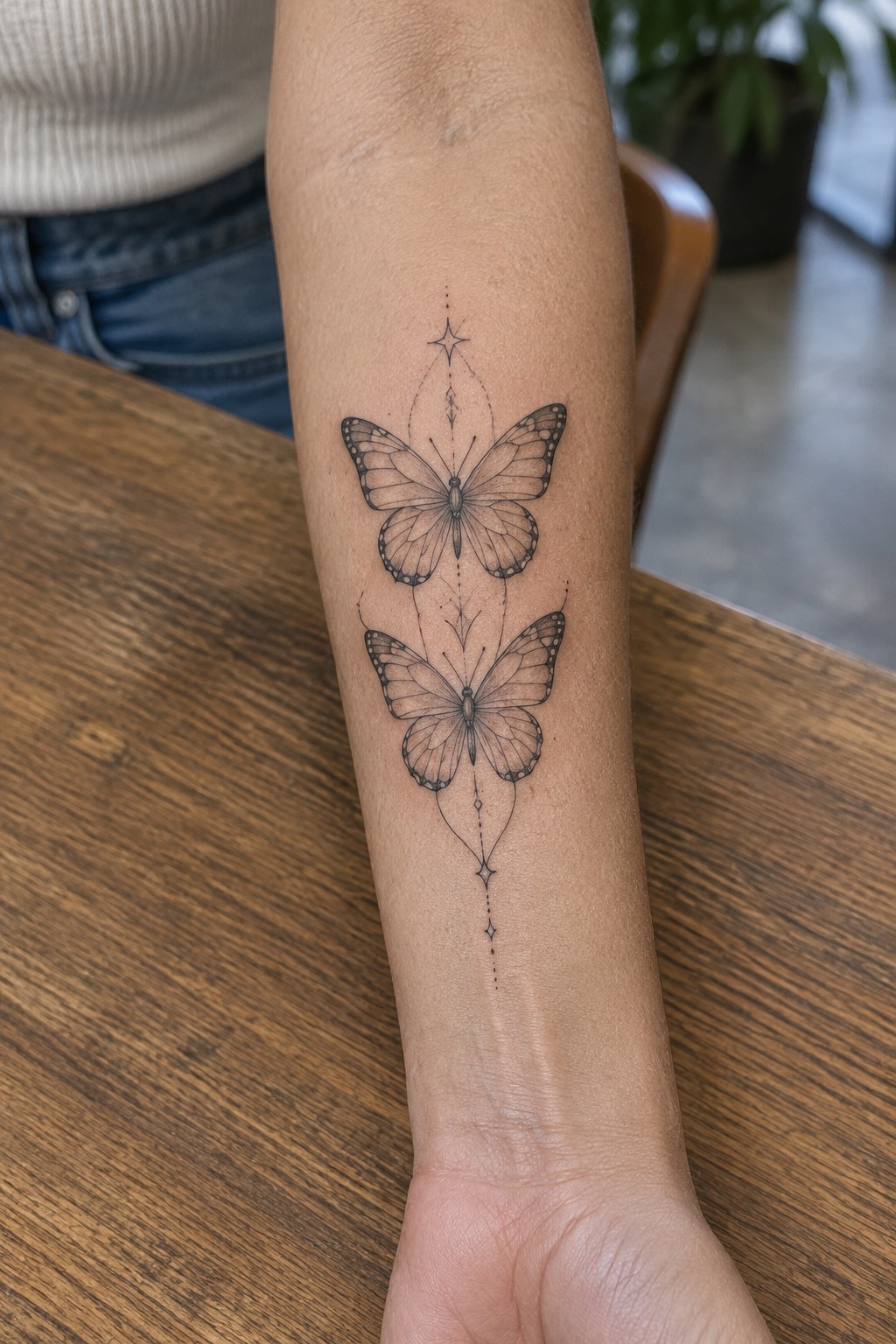 Two butterflies with geometric stars and lines tattooed on forearm
