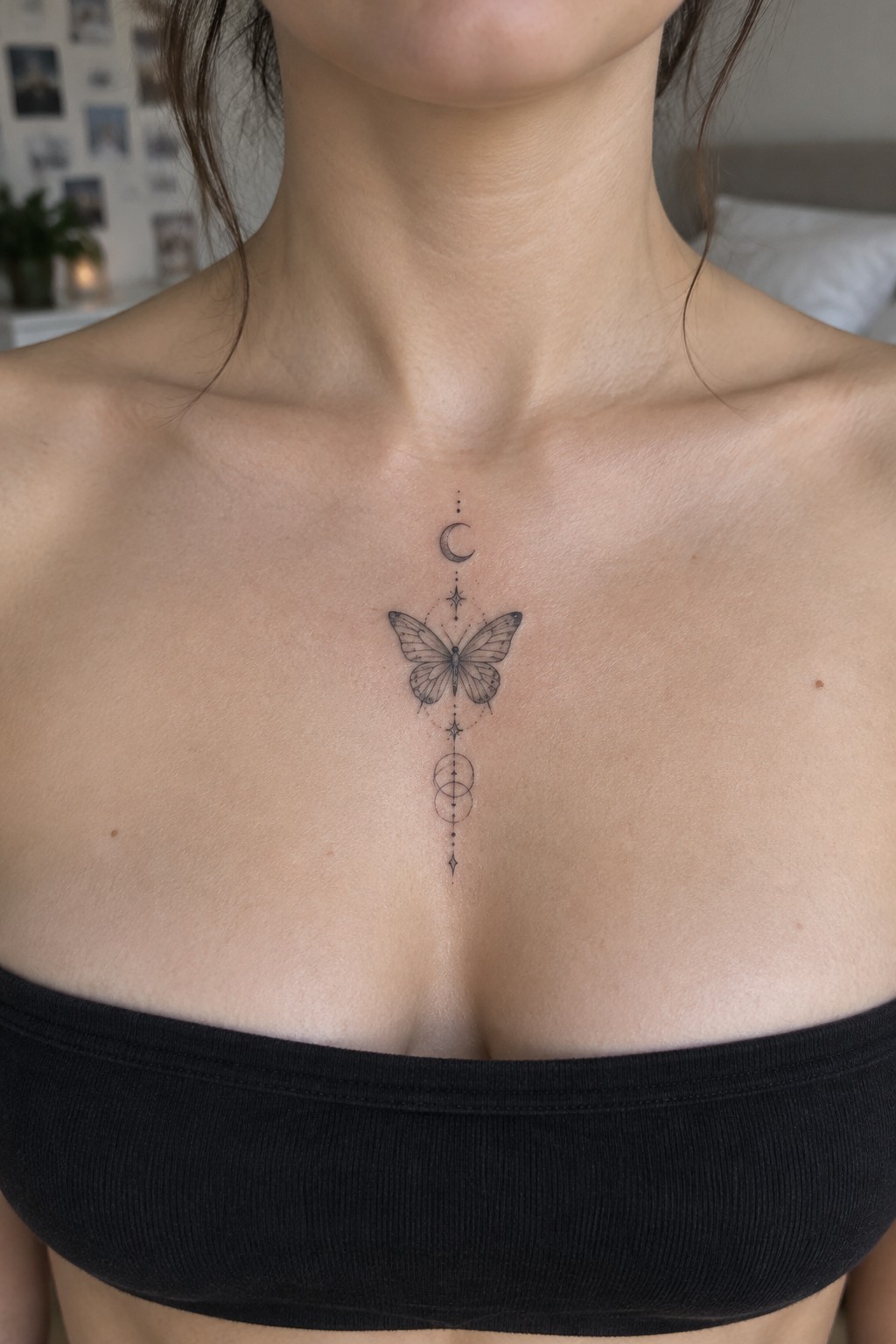 Black butterfly tattoo with moon and stars on chest above black top