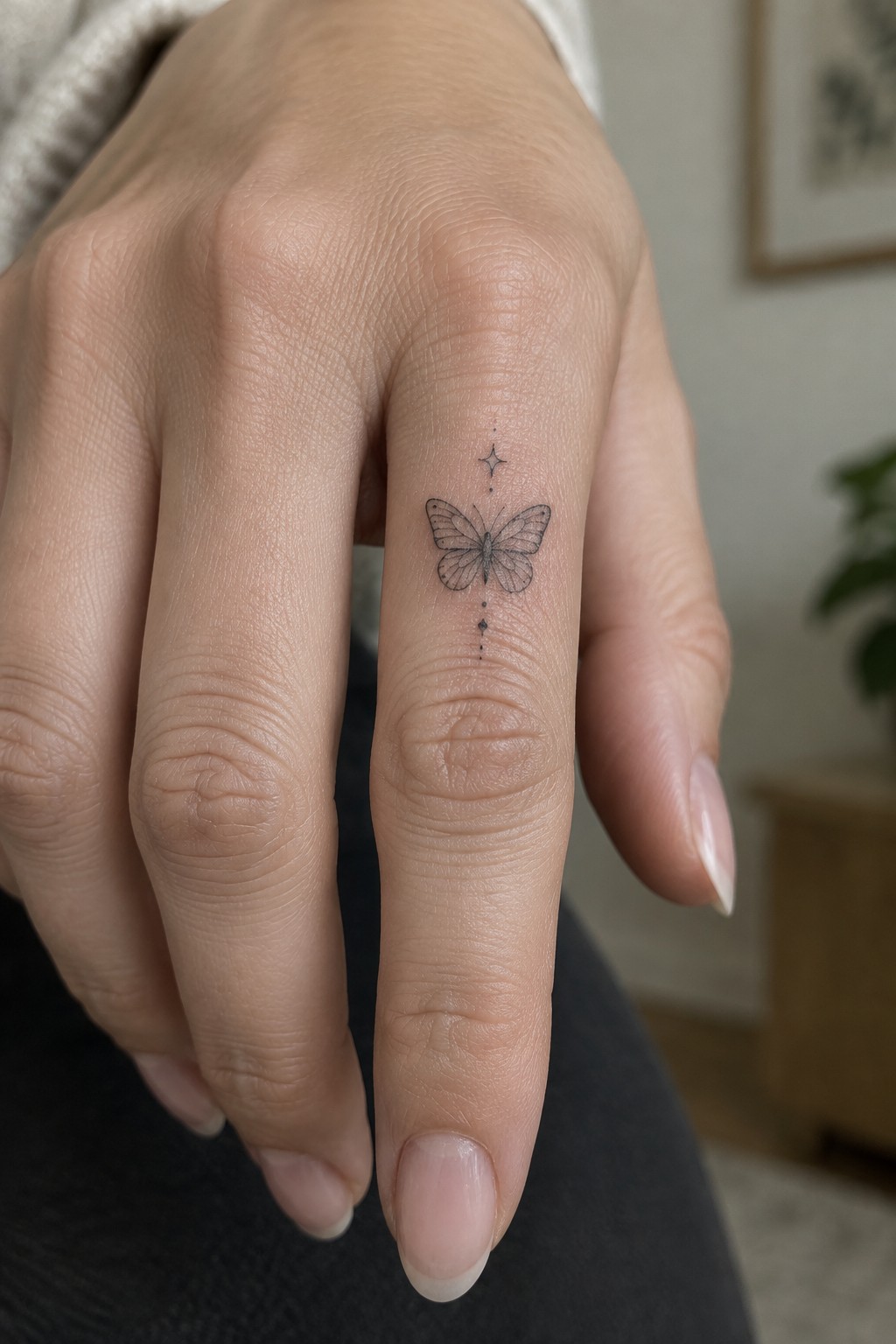 Small fine line butterfly tattoo on the side of a finger with dots and a star above and below it