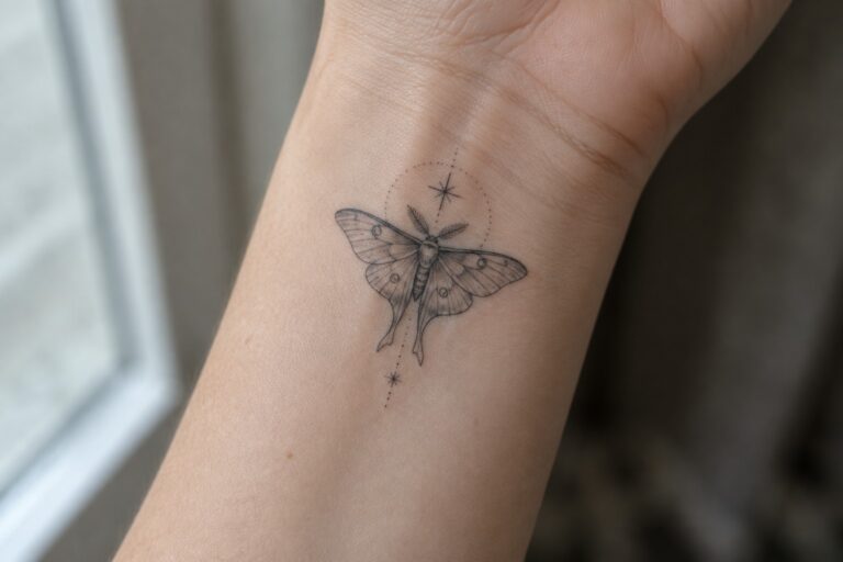 20 Ethereal Spiritual Animal Tattoos for Women Featuring Fine-Line Moths and Butterflies Detailed black moth tattoo with stars and dots on inner wrist