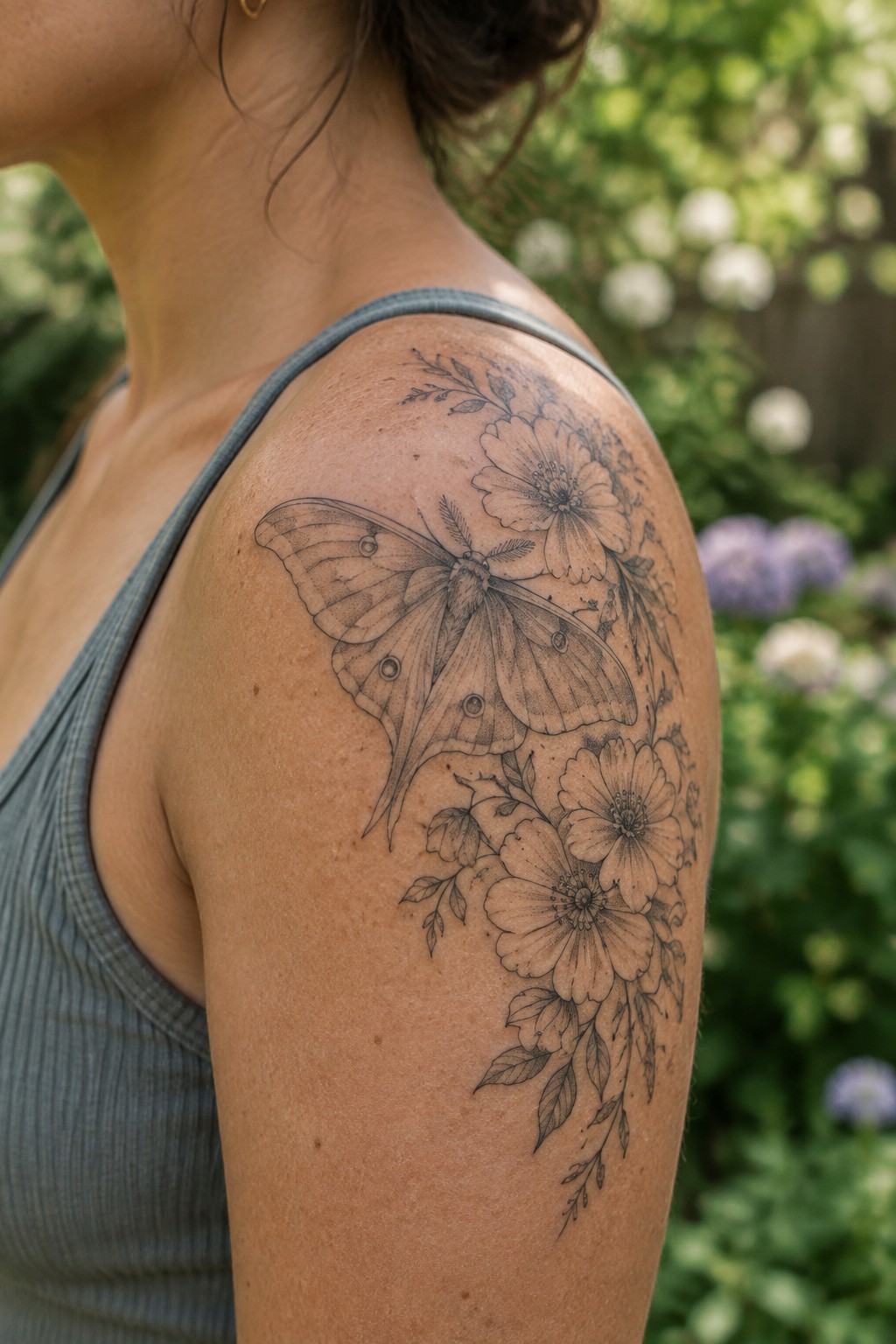 Fine line luna moth tattoo with flowers on a woman's shoulder and upper arm