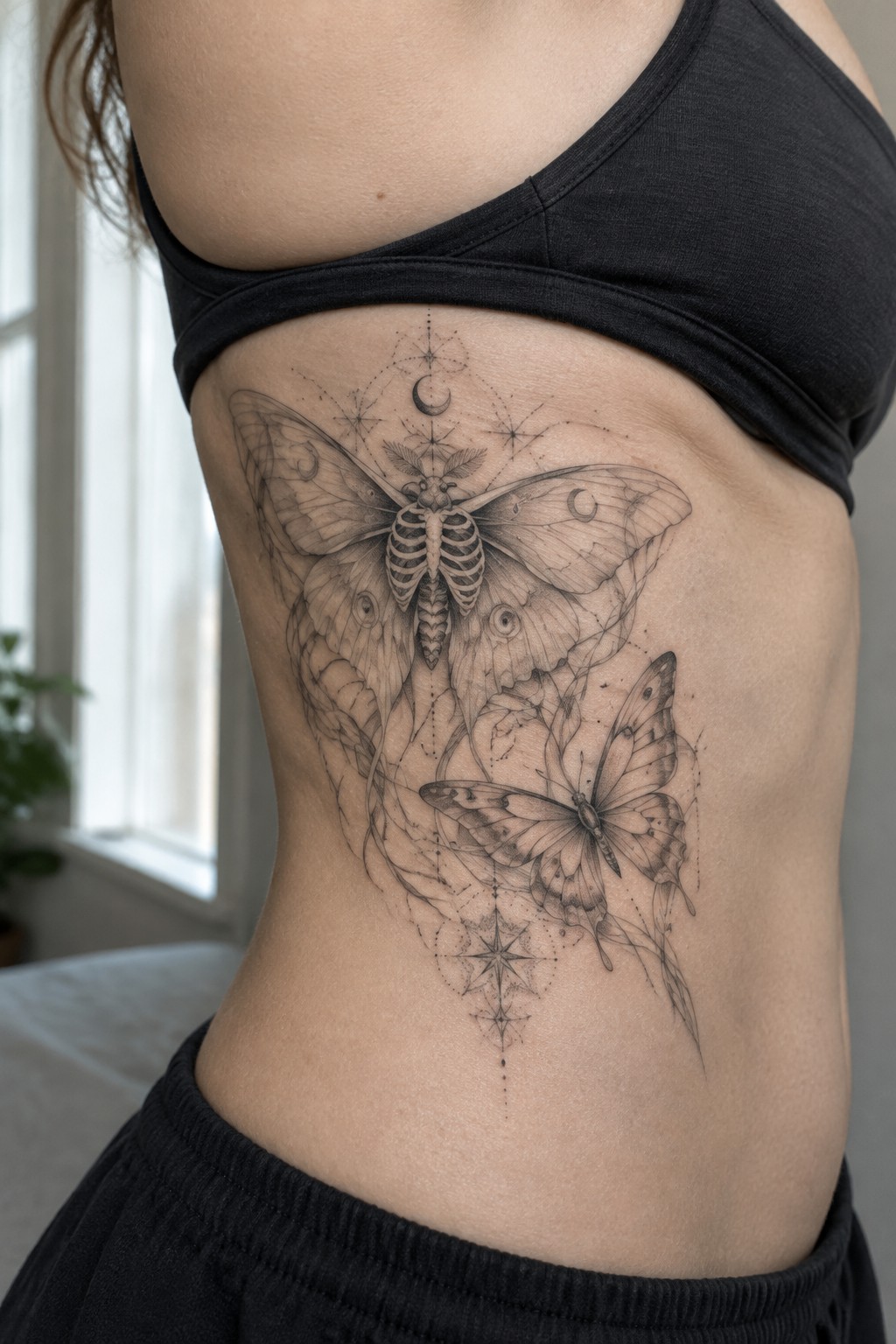 Detailed black-grey tattoo of large moth, butterflies, moons and stars on torso.