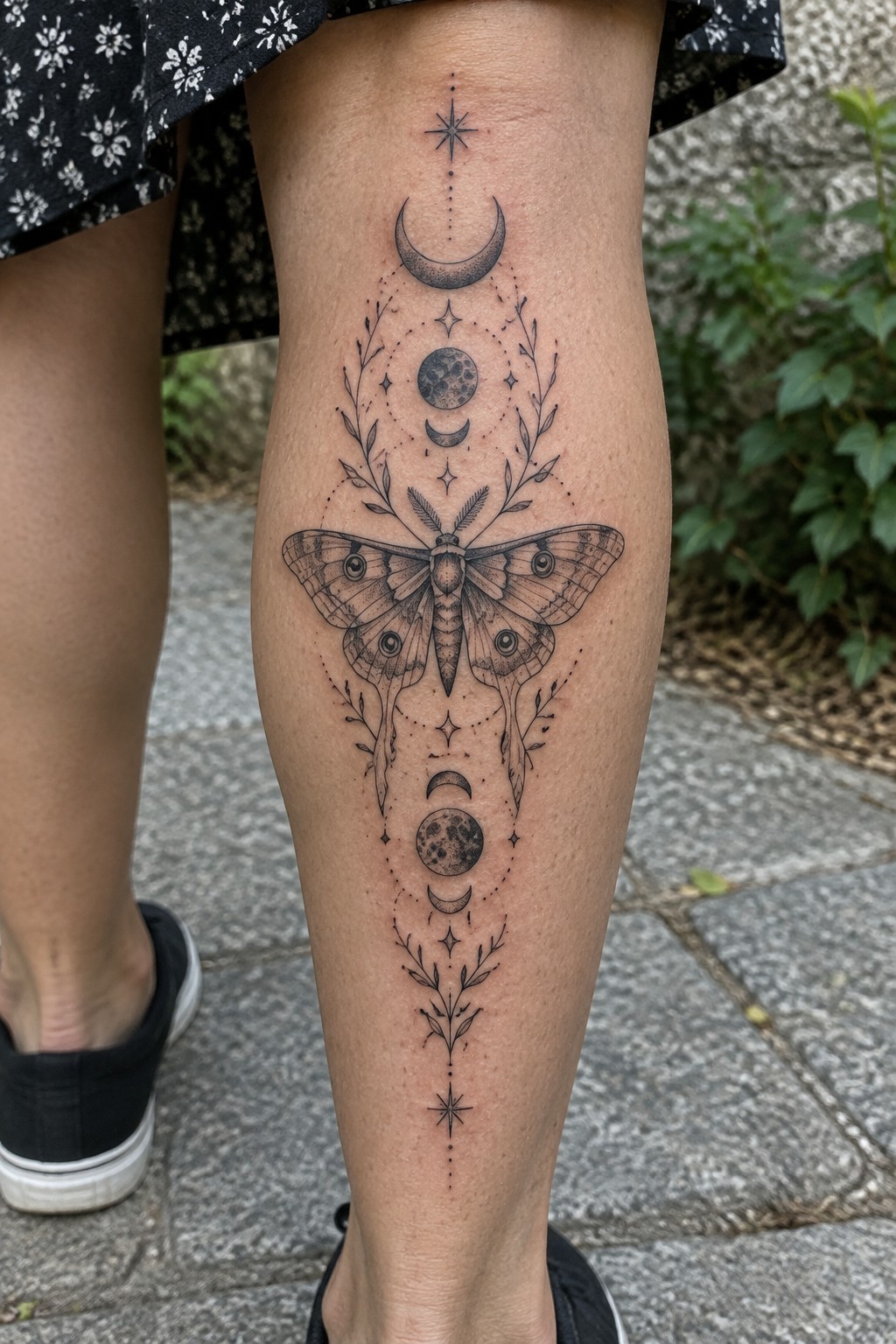 Black and gray moth tattoo with moon phases and vines on leg.