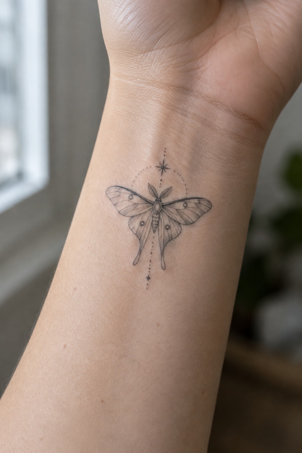 Detailed black moth tattoo with stars and dots on inner wrist