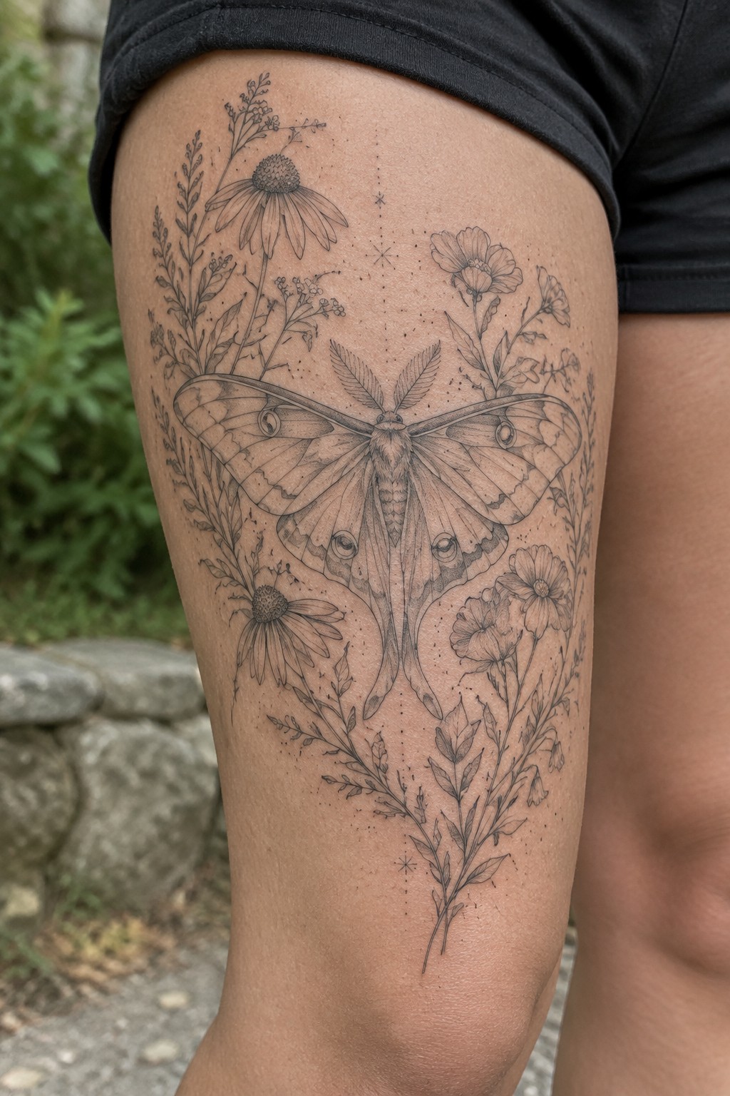 Fine line black and grey tattoo of a large moth surrounded by flowers on a thigh