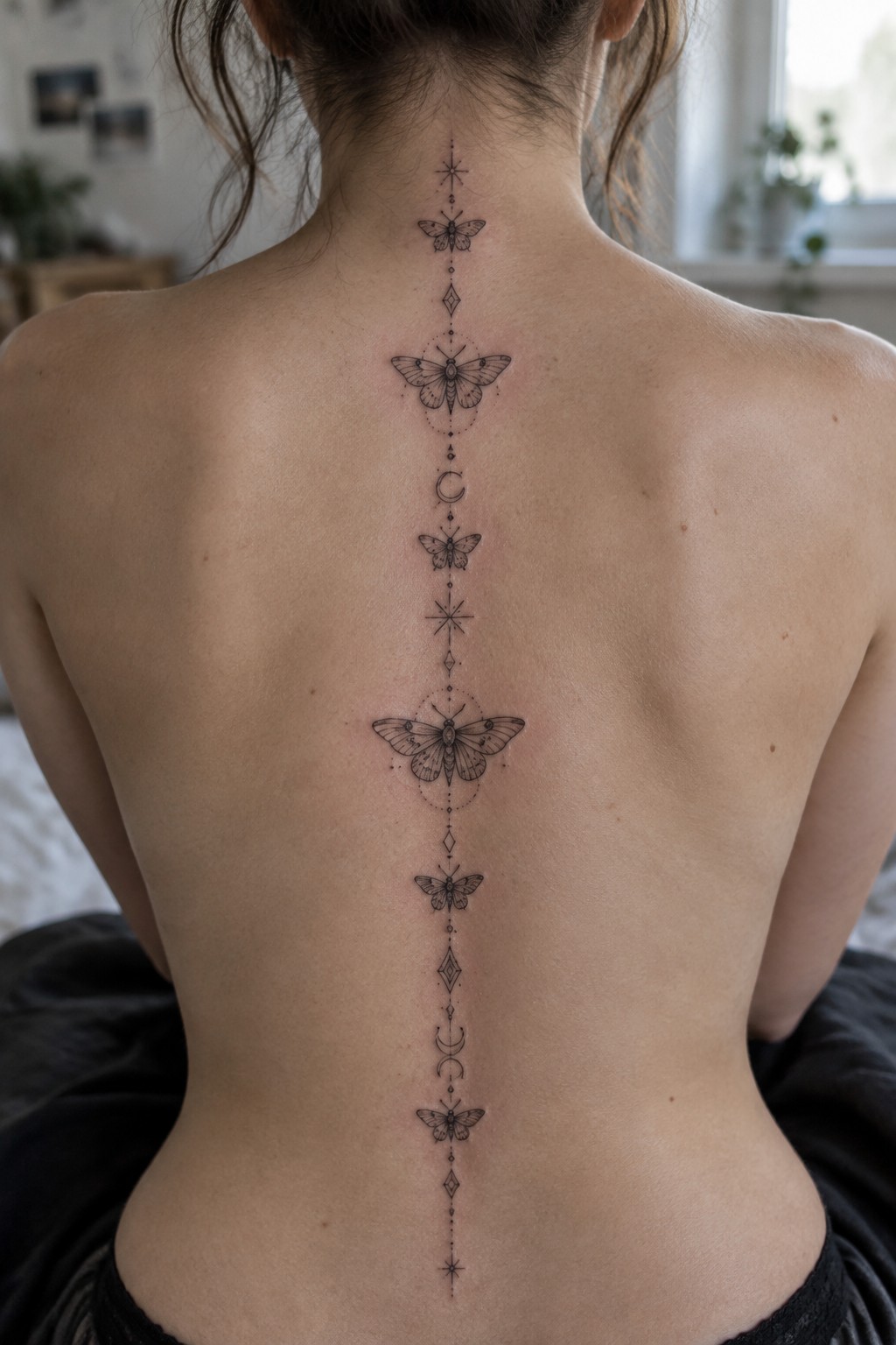 Fine line tattoo of moths and celestial symbols running vertically down a woman's spine.