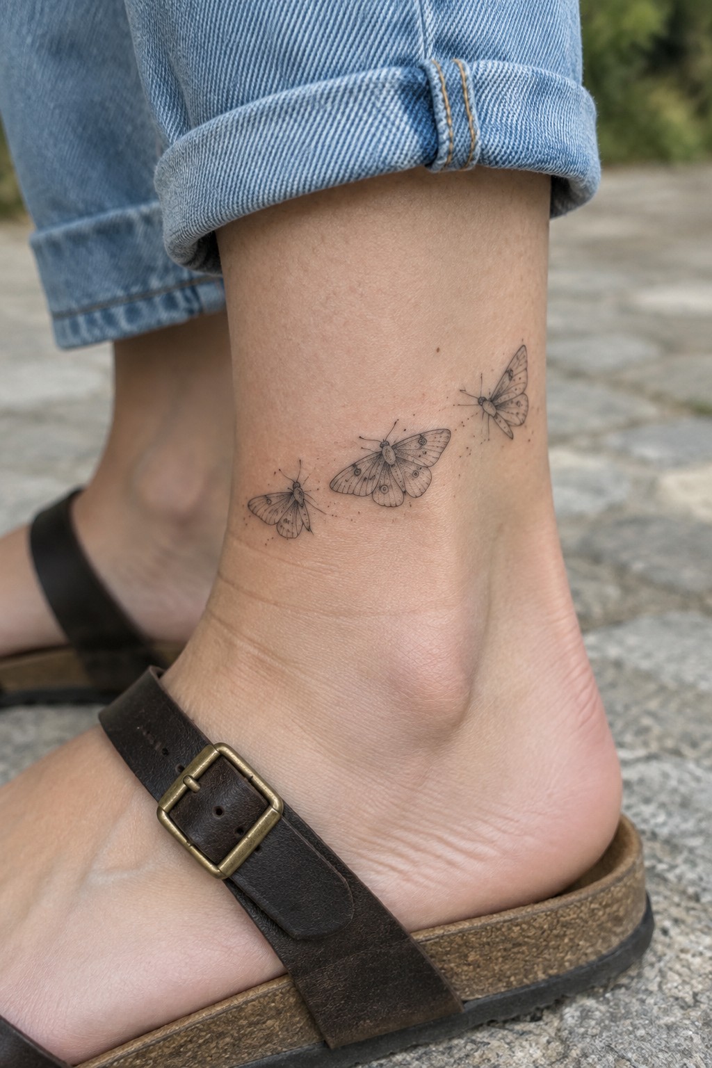 Three black moth tattoos on ankle above brown buckled sandal with cuffed jeans