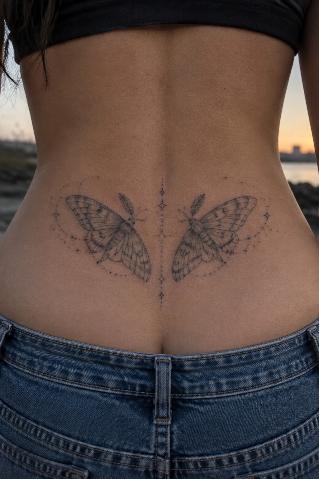 Symmetrical moth tattoos on lower back above blue jeans with black crop top at sunset