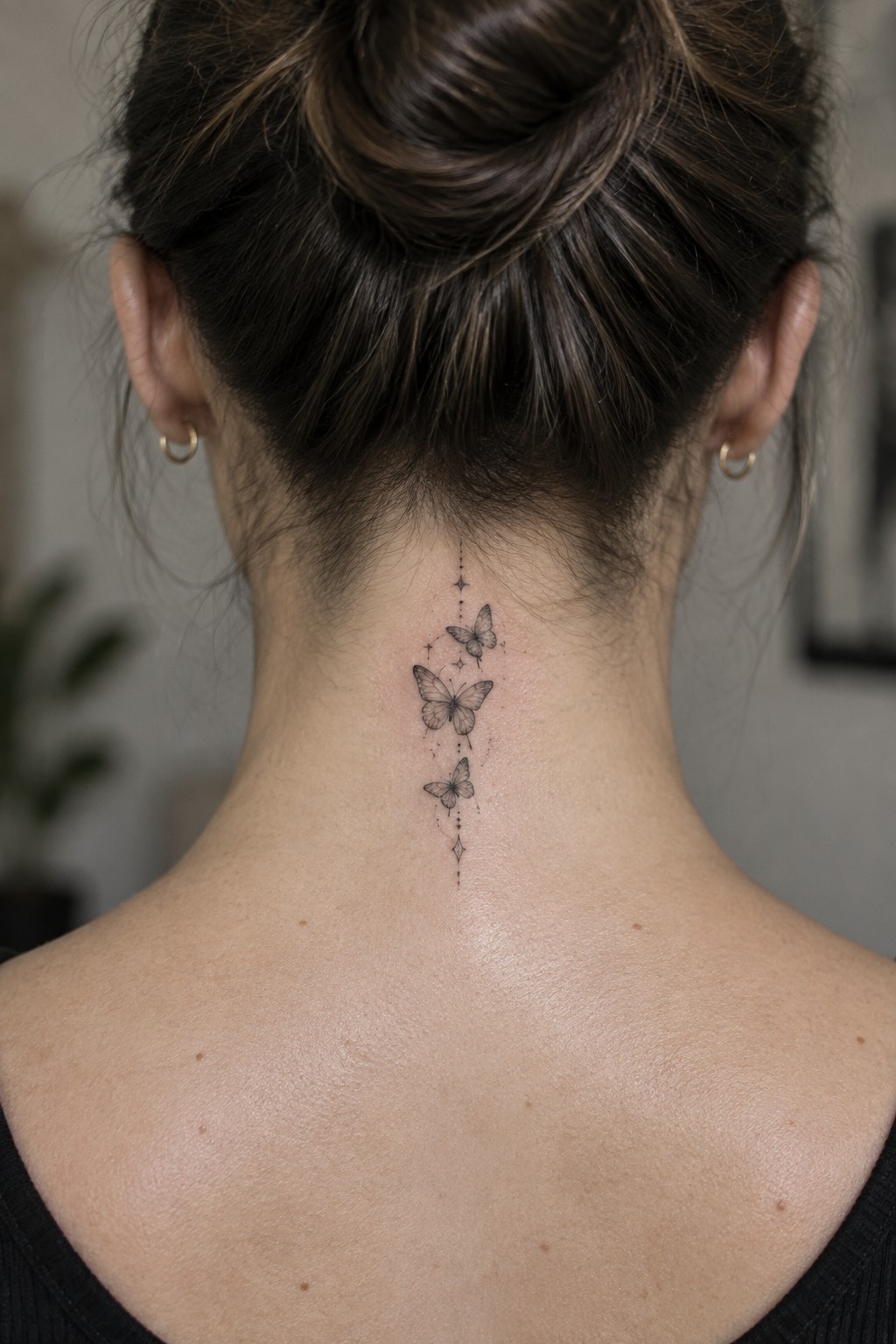 Woman with dark bun hairstyle and vertical butterfly neck tattoo