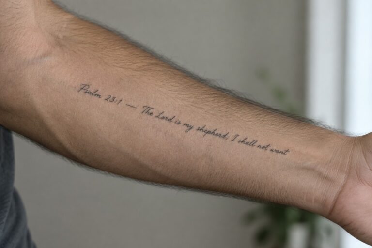 20 Inspiring Scripture Tattoos for Men Drawn from Psalms, Proverbs, and the Gospels Hairy forearm with cursive black tattoo of Psalm 23:1 Bible verse