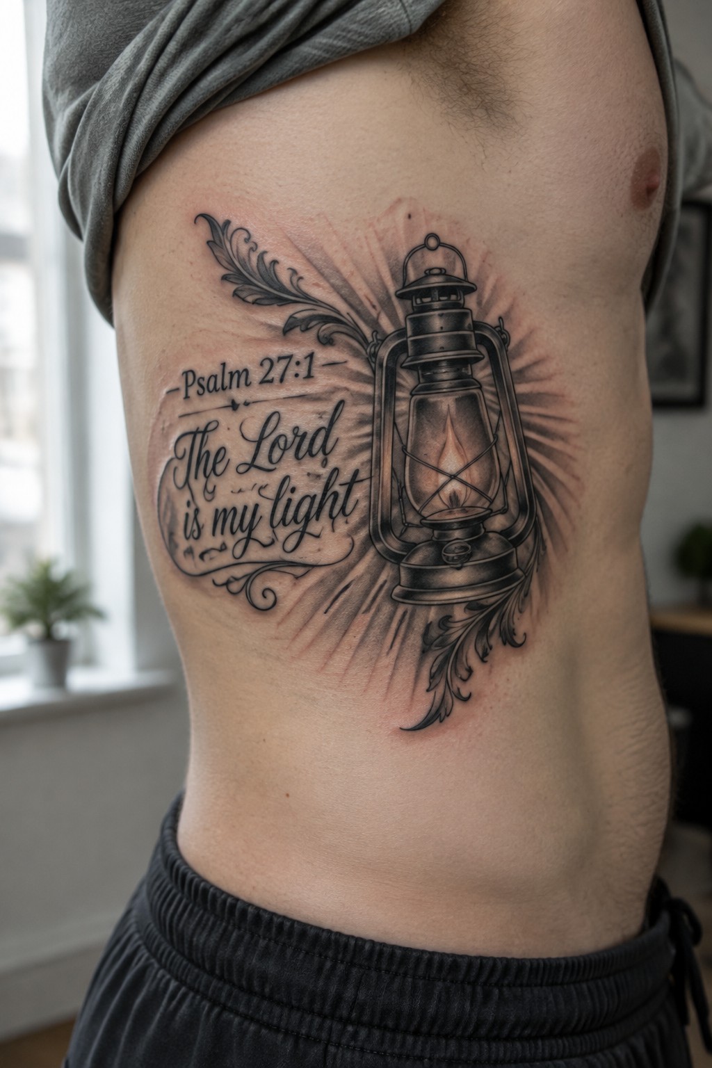 Black and gray tattoo of lantern with Psalm 27:1 quote on person's side